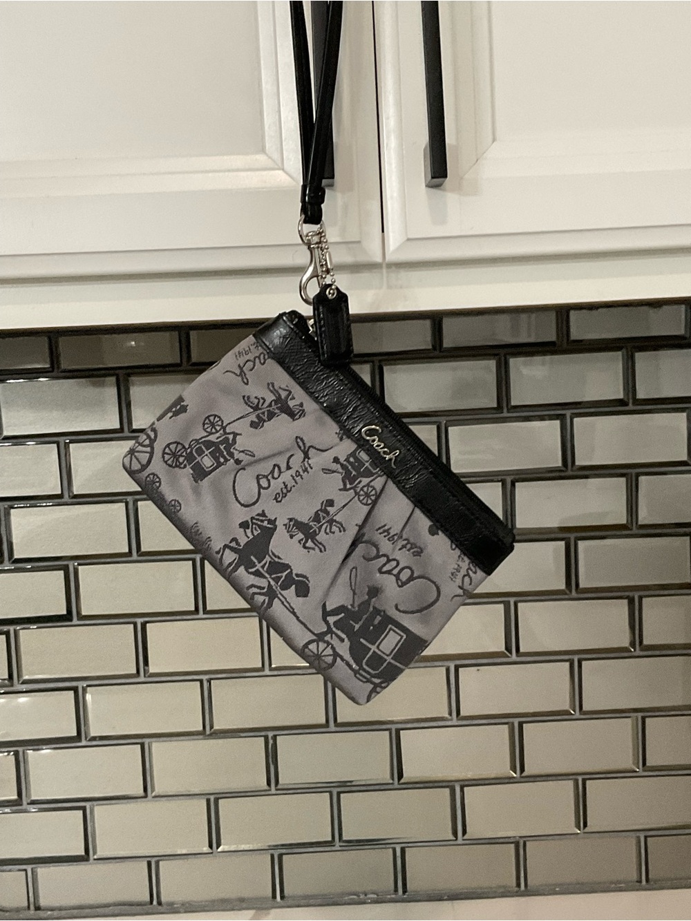 Coach Gray Signature Horse & Carriage Wristlet with Black Trim
